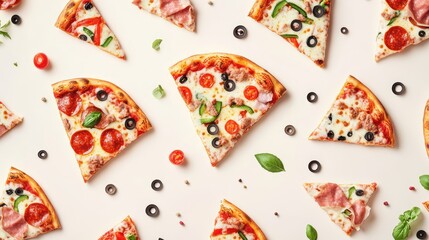 A flat lay of various pizza slices with toppings on a light background.