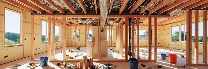 Building construction, wood framing structure at new property development site.new home currently under construction