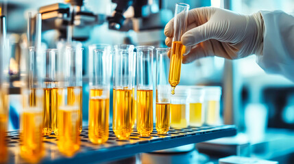 Scientist handling test tubes filled with golden liquid in laboratory