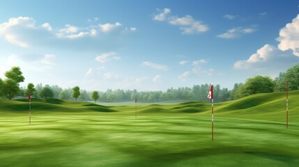 Vast, empty golf course with flag markers on distant greens
