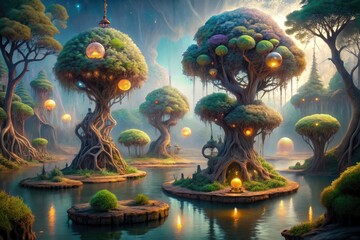 Fototapeta premium Surreal Woodland: Dreamlike woodland with twisted trees, floating islands, and glowing orbs.