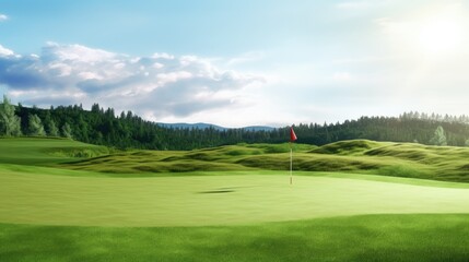 Fototapeta premium Vast, empty golf course with flag markers on distant greens