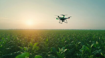 Fototapeta premium Advanced agricultural drones hovering over vast green fields, capturing data with precision sensors, and monitoring crop health. Clear sky with a high-tech touch.