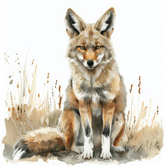 Fototapeta premium Watercolor Illustration of a Coyote Sitting in Natural Grassy Surroundings