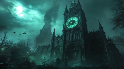 A mysterious, eerie clock tower in a dark, foggy night scene with full moon and bats.