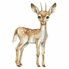 Naklejka premium Watercolor Illustration of a Cute Baby Deer Fawn Standing in Nature