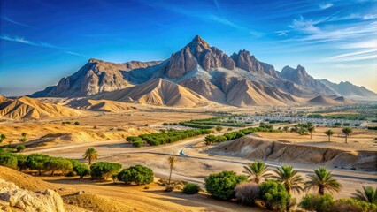 Fototapeta premium Sweeping desert landscape with majestic Jebel Hafeet mountain in the distance, Al Ain, United Arab Emirates, on a sunny day with clear blue sky.