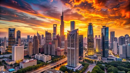 Fototapeta premium Sweeping panoramic view of a bustling metropolis at sunset, with towering skyscrapers and modern architecture set against a vibrant orange and pink sky backdrop.