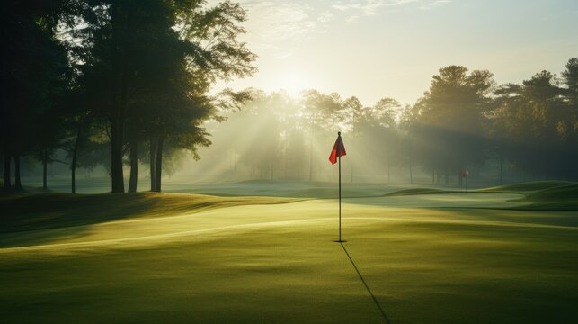 Vast, empty golf course with flag markers on distant greens