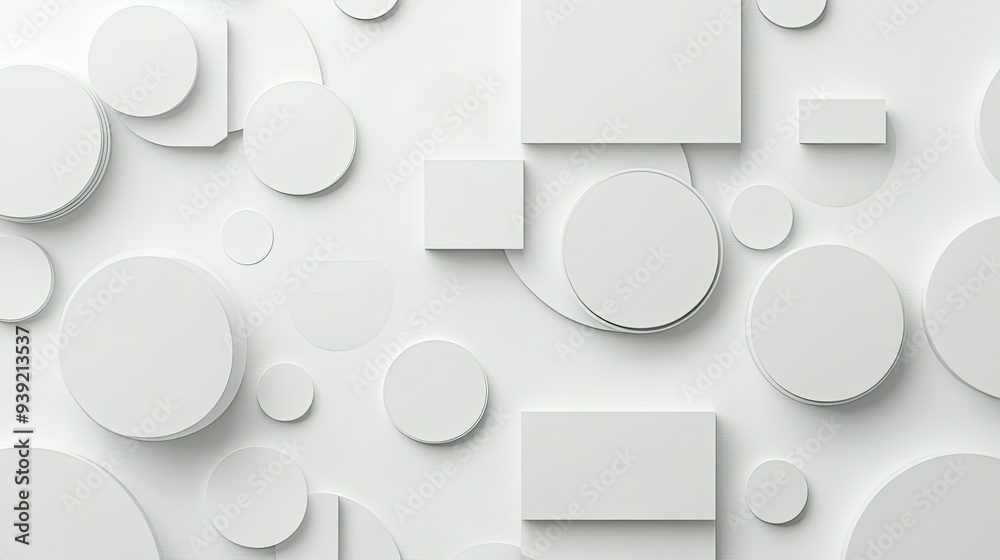 Poster elegant white background with overlapping circles and squares, forming a subtle and refined abstract