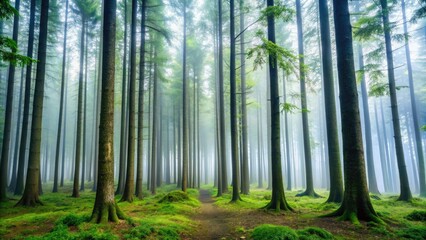 Fototapeta premium Tall trees with minimal foliage stand upright in a misty forest, their trunks strong and slender, surrounded by a serene and peaceful atmosphere.