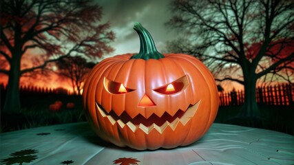 Obraz premium Spooky Jack o' Lantern in Dark Forest at Sunset Halloween Atmosphere