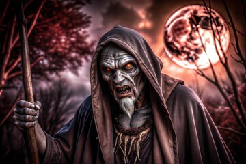 Obraz premium Dark Sorcerer under Blood Moon Eerie Horror Concept with Enigmatic Forest Vibes