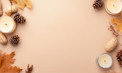 Craft paper background with autumn themed items like candles, walnuts and cones.