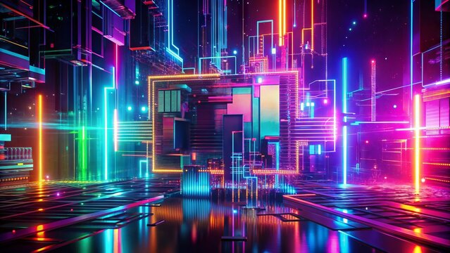 Neon Glitch Synth: Mood: Retro-futuristic, Style: Glitchy, Technical: Electronic, Color: Neon, Concept: Digital Distortion
