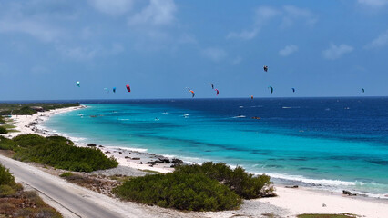Kiteboarding Bonaire At Kralendijk In Bonaire Netherlands Antilles. Aquatic Sports. Beach Landscape. Kralendijk At Bonaire Netherlands Antilles. Tourism Background. Nature Seascape.