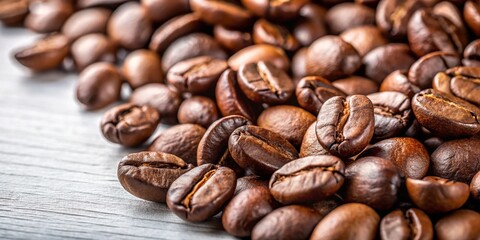 Fototapeta premium Roasted coffee beans on a light wooden background. Close up image of coffee beans.