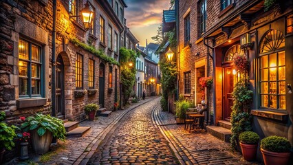 Naklejka premium Nostalgic Alleys: Warm, grainy, cobblestone streets, vintage signage, faded colors