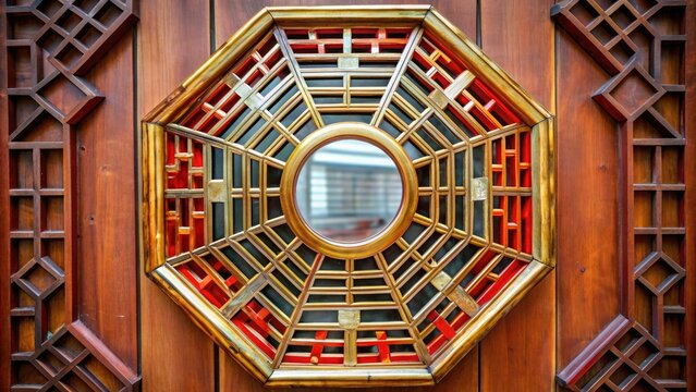 Traditional Chinese pakua mirror with eight trigrams and intricate designs, used in feng shui to attract positive energy and ward off negative forces.