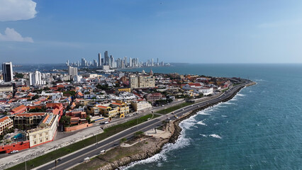 Cartagena Skyline At Cartagena De India In Bolivar Colombia. Caribbean Cityscape. Downtown Background. Cartagena De India At Bolivar Colombia. Tourism Landscape. Walled City Landmark.