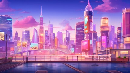 Naklejka premium Vibrant anime cityscape at sunset with neon signs and skyscrapers