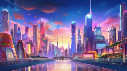 Fototapeta premium Vibrant anime cityscape at sunset with neon signs and skyscrapers