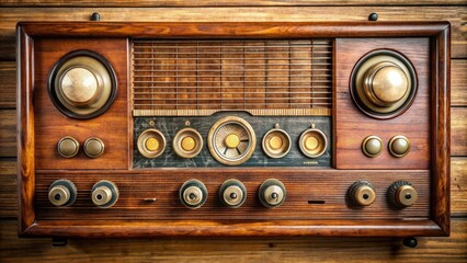 Tuning dial on vintage radio showing various FM frequency numbers, surrounded by buttons and knobs on a wooden panel, nostalgic broadcasting concept.
