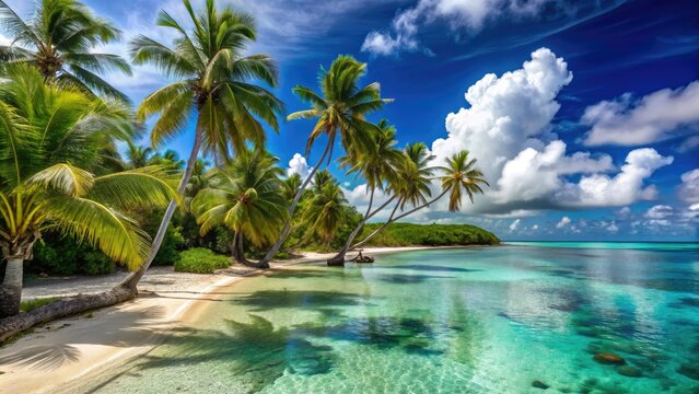 Tropical beach scene with swaying palm trees and crystal-clear turquoise water on a remote island in the Northern Mariana Islands archipelago.