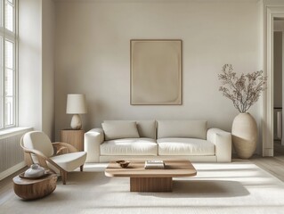 A living room with a white couch, a coffee table, and a vase with flowers