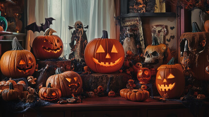 Obraz premium Halloween pumpkins decorations and party supplies with lanterns, candles for a memorable celebration.Halloween is celebrated on October 31st with costumes, trick-or-treating, and spooky decorations