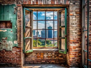 - Open window, urban decay, exposed brick, metallic accents, cool tones