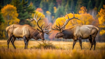 Fototapeta premium Two large bull elk engage in a fierce battle, their antlers locked in a powerful struggle, amidst a serene autumnal forest landscape.