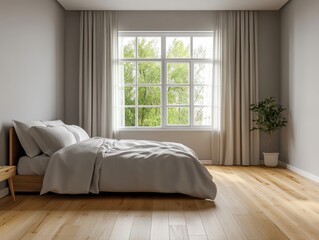 A bedroom with a large window and a bed
