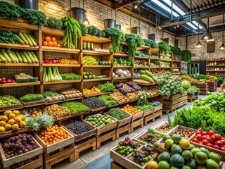 Obraz premium Organic Superstore Explosion: Lush and vibrant, featuring organic produce, plant-based products, and a focus on healthy living.
