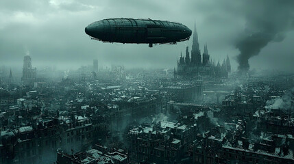 Naklejka premium Steampunk-inspired dirigible hovering over a massive steam-powered metropolis