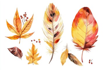 Watercolor Painting of Autumn Leaves, Feathers, and Berries