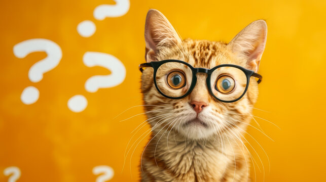 Curious and perplexed cat has a lot of questions, confused cat student, study learning education concept.