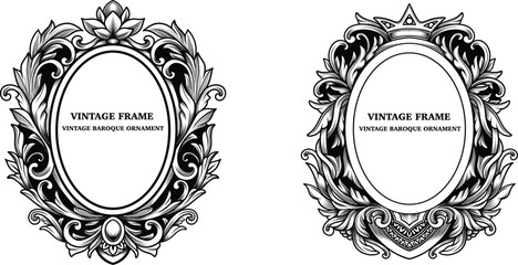 Antique frames and border with floral ornament. Vintage victorian baroque decorative element engraving vector design illustration. Monochrome classic frame with flourish, filigree, swirl ornamental