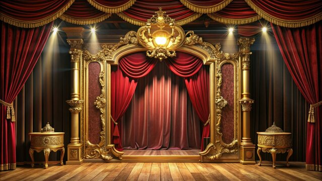  Velvet curtains, ornate golden frames, and a shining spotlight set the scene for a dramatic performance on a luxurious traditional theatre stage background.