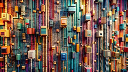Obraz premium Pixelated Tapestry: Phone lines forming intricate patterns with pixelated textures, vibrant colors, abstract compositions, digital aesthetics.