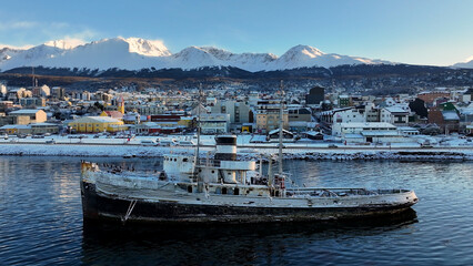 Saint Christopher Boat At Ushuaia In Tierra Del Fuego Argentina. Saint Christopher Boat. Ship Sculpture. Downtown Cityscape. Saint Christopher Boat At Ushuaia In Tierra Del Fuego Argentina.