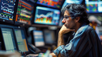 Trader male office worker working on a Computers with Multi-Monitor, investor broker working at desk. Analyzing statistics, marketing research data.