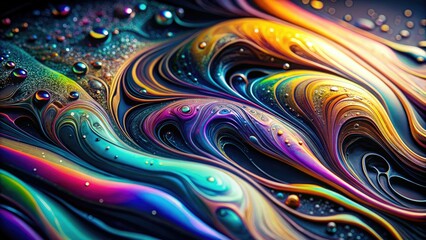 Vibrant, iridescent gel flows smoothly down a sleek, black surface, creating a mesmerizing, swirling pattern of shimmering colors and textures in high contrast.