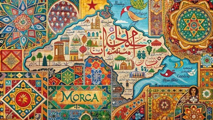 Vibrant, intricately patterned Moroccan map, adorned with ornate typography and Arabic calligraphy, highlights the country's rich cultural heritage and geographical landscape.