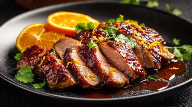 Deliciously glazed duck breast slices served with fresh orange slices and garnished with herbs on a dark plate.