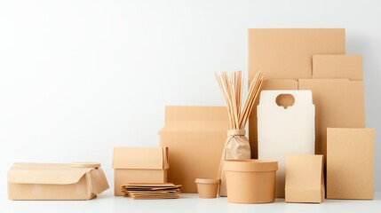 A collection of brown packaging materials including boxes, bags, and containers arranged aesthetically on a white background. Carbon Neutrality concept.