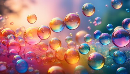 Rainbow bubbles floating on a dreamy background.