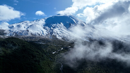 Osorno Volcano At Puerto Varas In Los Lagos Chile. Volcano Landscape. Sky Clouds Background. Los Lagos Chile. Snow Capped Mountain. Osorno Volcano At Puerto Varas In Los Lagos Chile.