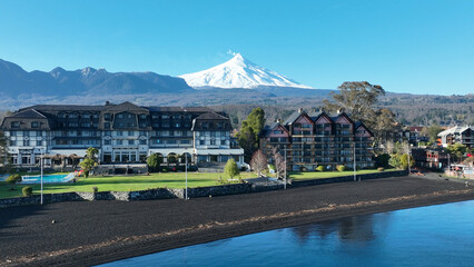 Volcanic Beach At Pucon In Los Rios Chile. Coastal City. Vulcanic Scenery. Tourism Landscape. Pucon Chile. Volcano Background. Volcanic Beach At Pucon In Los Rios Chile.