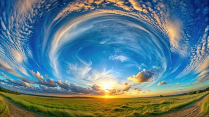 Vibrant 360-degree HDRI sky panorama featuring wispy cirrus clouds streaked across a brilliant blue horizon, ideal for 3D rendering and virtual reality backgrounds.